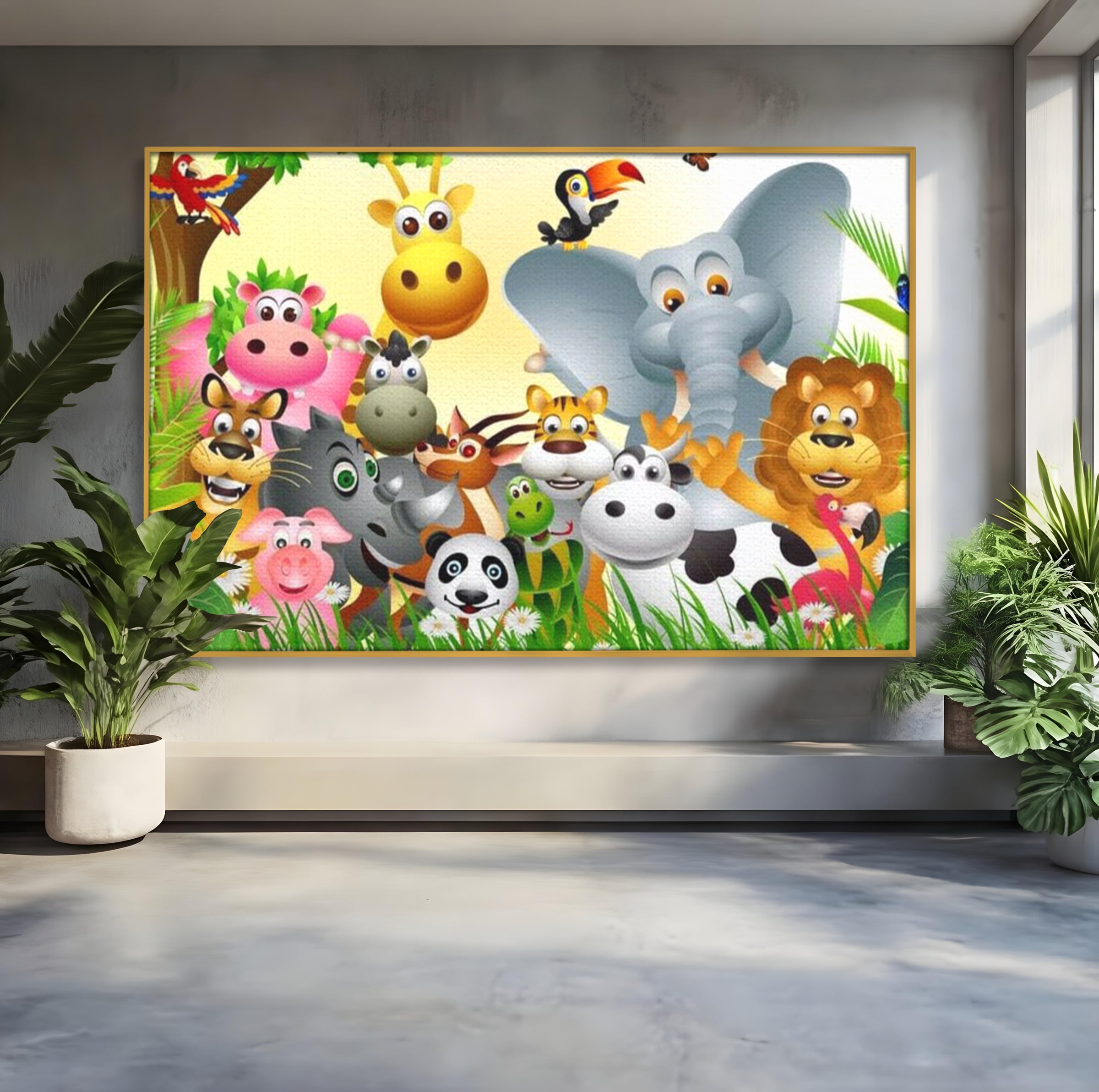 Tablou canvas cu tablou canvas cu animale din jungla, in rama de aluminiu auriu